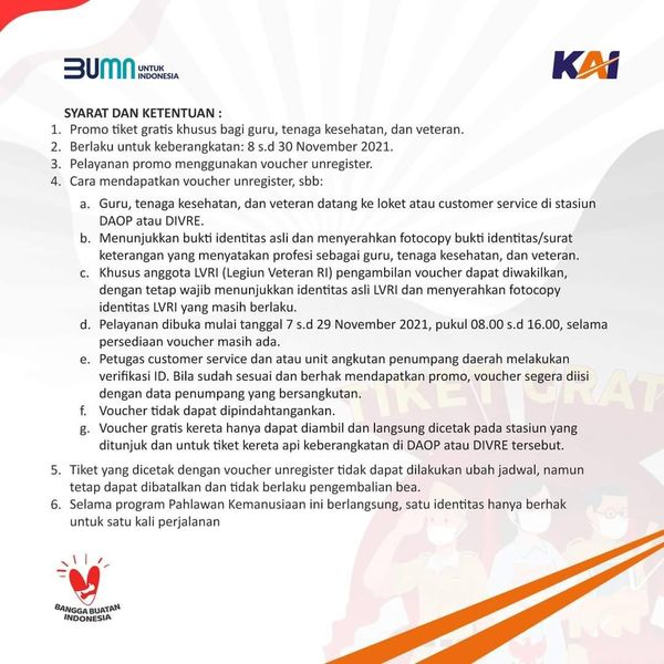 keretaapikita's tweet photo. Menyambut Hari Pahlawan, KAI Gratiskan Guru, Nakes, dan Veteran Naik Kereta Api
https://t.co/wROT8dMGEB

Dalam rangka menyambut Hari Pahlawan, KAI membagikan Voucher tiket KA Jarak Jauh secara cuma-cuma kepada Tenaga Kesehatan, Guru, dan Veteran. https://t.co/W2tYhHAFft