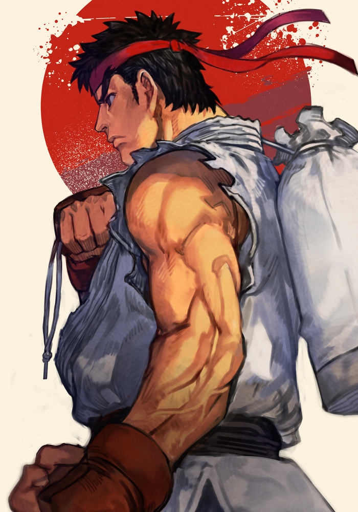 ryu (street fighter) solo 1boy male focus gloves muscular black hair dougi  illustration images