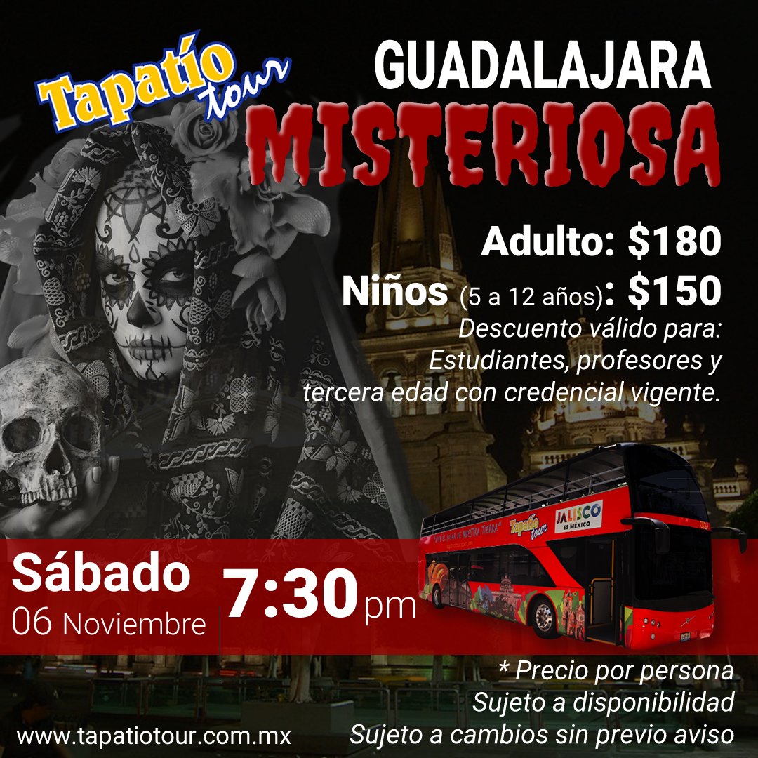 TapatioTourGdl's tweet photo. GUADALAJARA MISTERIOSA

Recorrido nocturno por las calles de Guadalajara
Sábado 06 de Noviembre 2021 a las 7:30 pm

Adulto $180
Niños 5 a 12 años $150
Descuento para estudiantes, profesores y 3ra edad con credencial vigente.

Sujeto a disponibilidad y cambios sin previo aviso https://t.co/Dje4AHCzJC