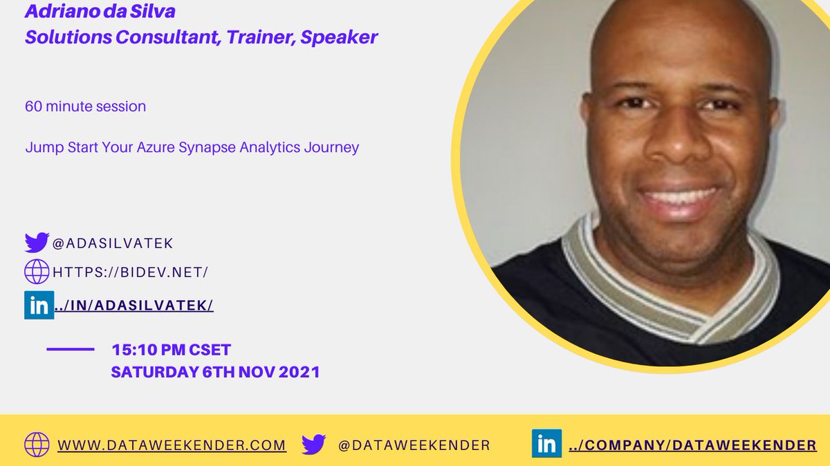 adasilvaTek's tweet photo. JOIN Me to Jump Start Your #AzureSynapseAnalytics Journey at the @DataWeekender 4.2
Better Yet, Make it a Learning Day and watch amazing presentations on
#AzureDataPlatform
#PowerBI
#MachineLearning
#ArtificialIntelligence
https://t.co/XVkgTGfC5B
#AzureDataCommunity https://t.co/GsWYjwINQY