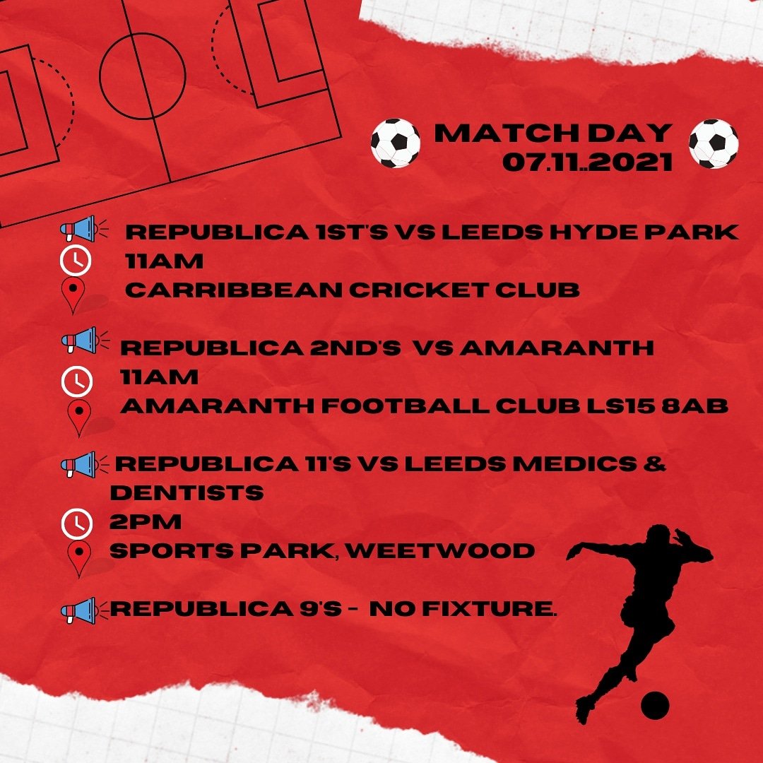 Fixtures this weekend! 

Reminder also - on Sat 6th November it is the COP26 day of action protest in Leeds. The protest will be starting at millennium square at 1pm and will end at 5pm back in the square.