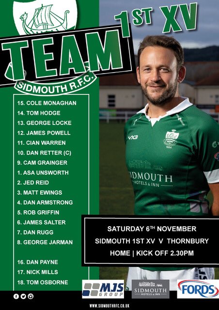 SidmouthRFC's tweet photo. π’ TEAM NEWS. Hereβs the @SidmouthRFC 1st Team to face @ThornburyRFC this Saturday at Blackmore. Kick off 2.30pm πππ@philldollman @Yenz_2 @FordsSouthWest @Dukessidmouth @VX3apparel #MJSGroup https://t.co/cBQZDgkZbK