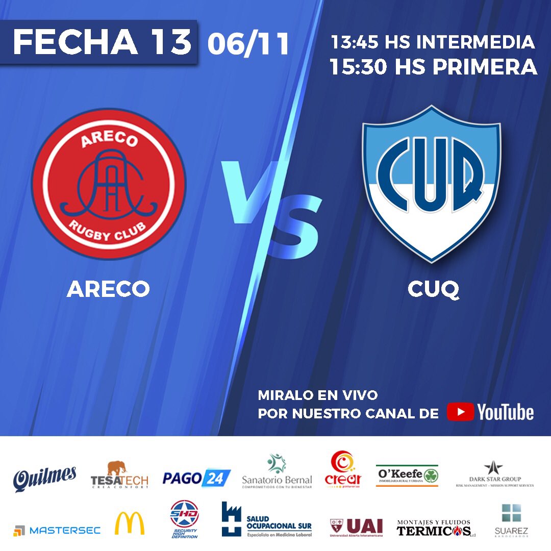 FECHA 13!🏉
Este sábado 6 juega la primera de visitante vs. Areco!

Vamos CUQ!!😀💪🏻 Alentá desde tu casa! Míralo por nuestro canal de YouTube! 👉🏻youtube.com/c/CUQTVoficial