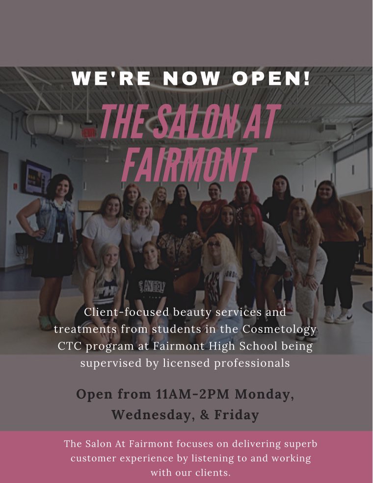 CosFairmont's tweet photo. It’s official!! The Salon at Fairmont is now open!! Use the link below to book with one of our student stylists. 

https://t.co/cFIKgz2Cyc https://t.co/GoZ0LZuEWQ