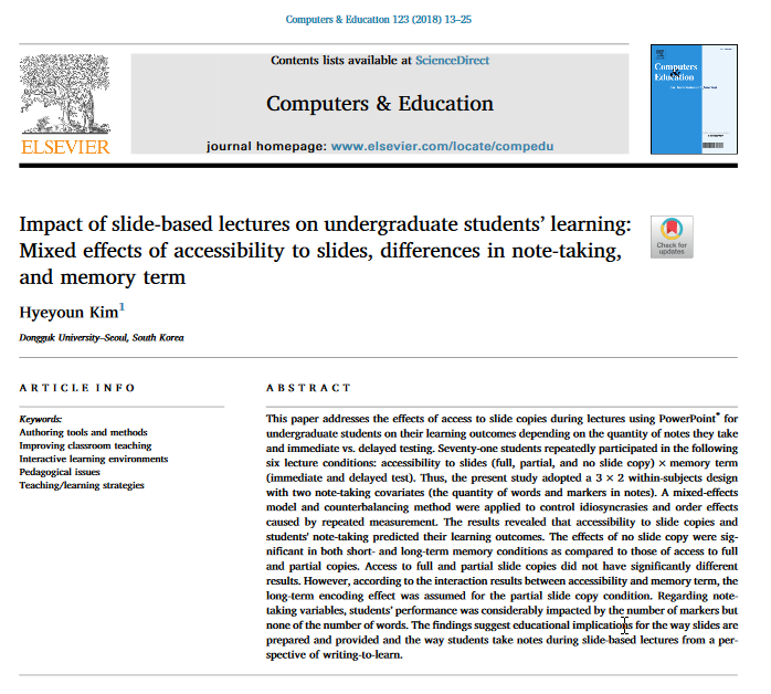 Giving students access to class slides before class might seem helpful but hurts learning, according to multiple studies &amp; experiments.

Having slides in advance lowers note-taking, attendance, and overall class performance. (Of course, this must be balanced with accommodation)