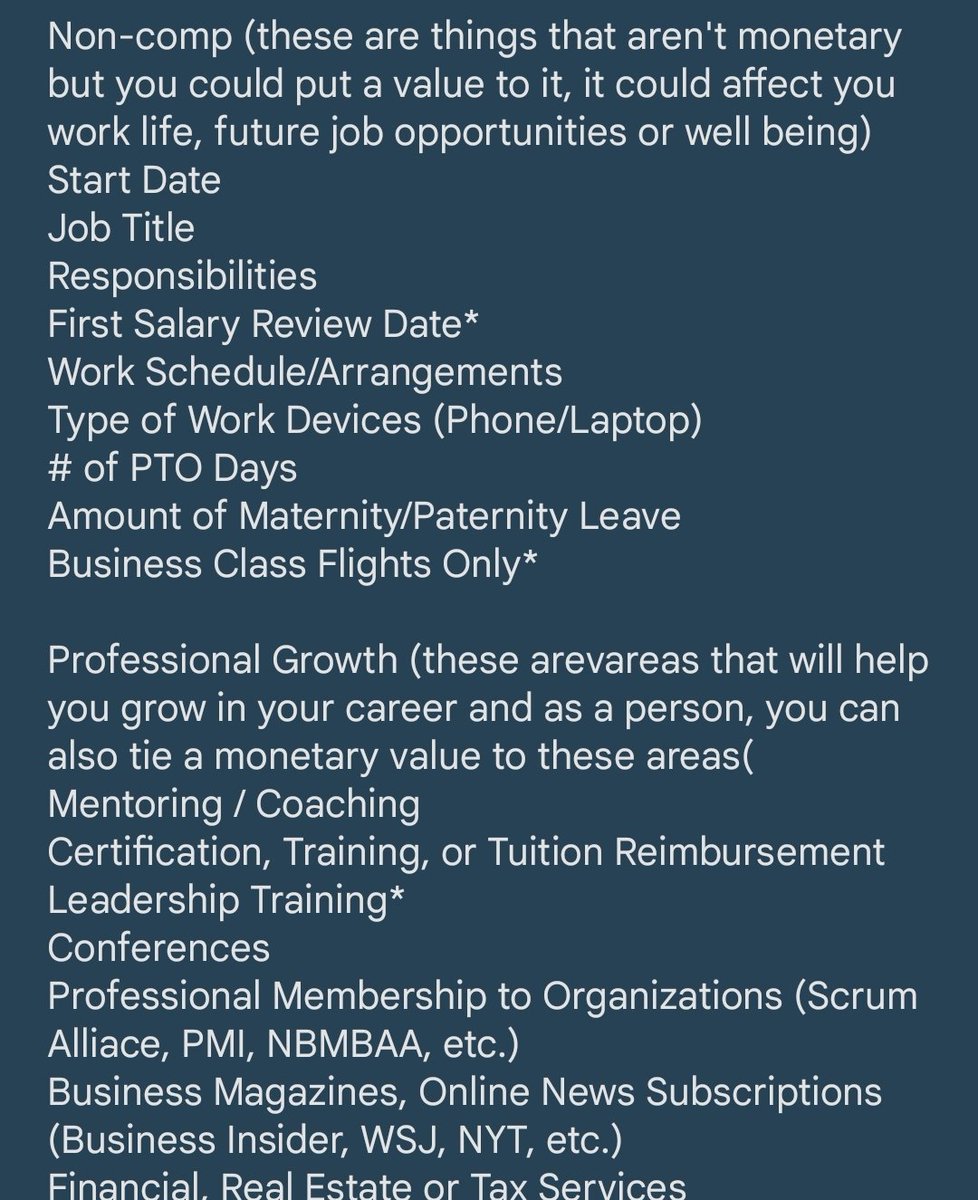 teneikaask_you's tweet photo. I hear the "what can I negotiate" question a lot so I'm sharing things you can negotiate and what I've seen others negotiate in my years of experience as a Talent Advisor / Recruiter (unofficially lol) - getting 170+ referrals and 200+ candidates in consulting/tech firms. https://t.co/EUw1UxfB2P