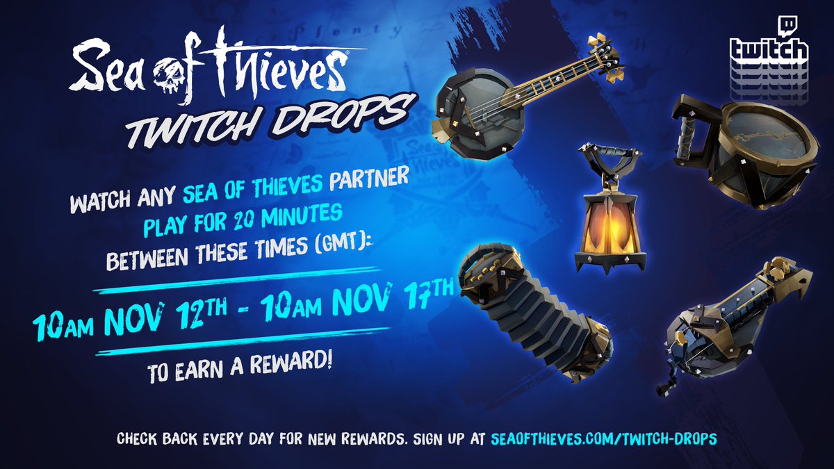 SeaOfThievesIT's tweet photo. Ahoy Pirate!🏴‍☠️
🎥 Watch any Sea of Thieves Partner on Twitch for 20 minutes from November 12-17 to get the mysterious Twilight Hunter items!

🎻12 - Hurdy-Gurdy 
🥁 13 - Drum
🪕 14 - Banjo 
🪗 15 - Concertina
🕯️16  - Lantern

@SeaOfThieves @RareLtd https://t.co/QyDPEP2ssl