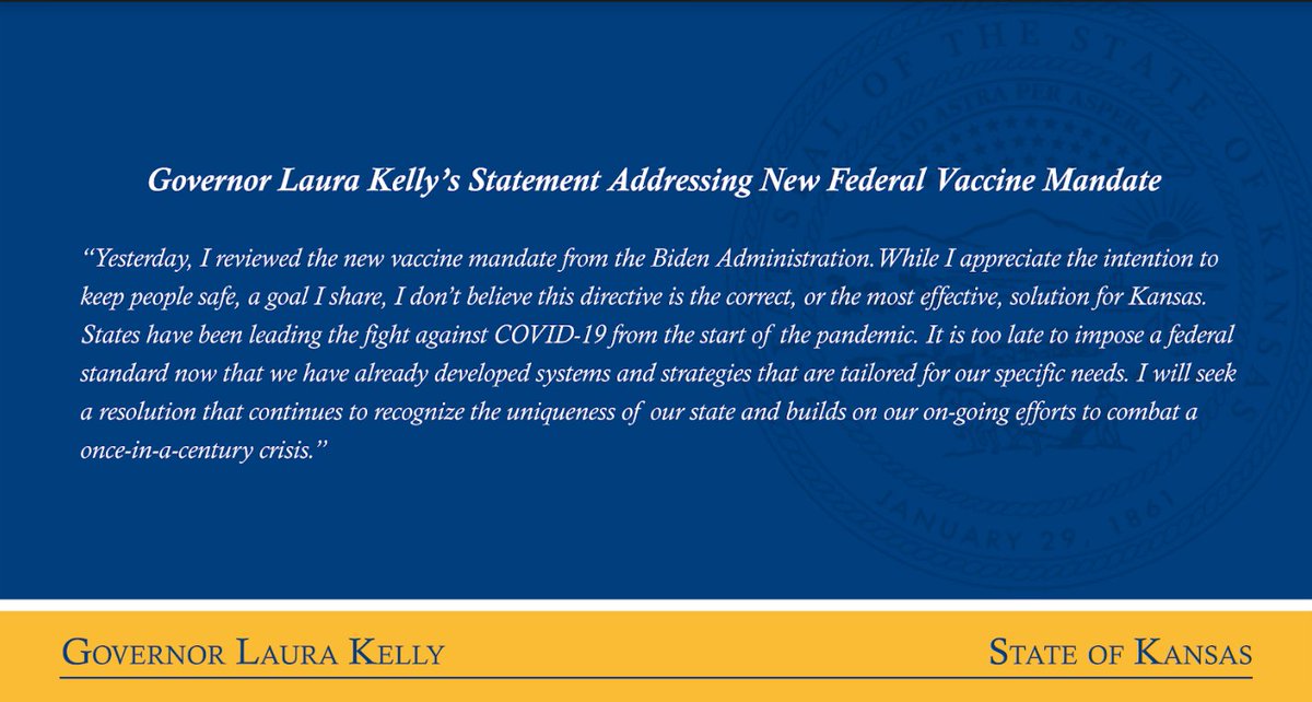GovLauraKelly's tweet photo. Governor Laura Kelly's statement addressing the new federal vaccine mandate: https://t.co/lAFAs3pQLK