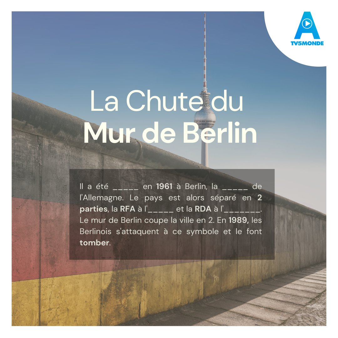 LF_TV5MONDE's tweet photo. [LIBERTÉ] Dans la nuit du 9 novembre 1989, il y a trente-deux ans, les Berlinois de l'Est ouvraient les premières brèches dans le mur de Berlin ! ⛏️🕊️

Êtes-vous incollable sur le sujet ? Vérifions ça tout de suite, complétez le texte à trous dans les commentaires ! ⬇️🤓 https://t.co/3hGwt3hLoS