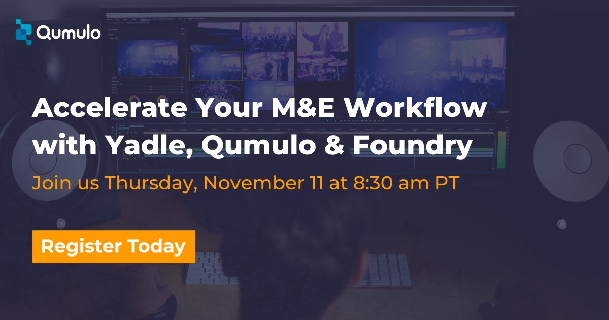 qumulo's tweet photo. @Qumulo will team up with @Yadle & @Foundry for a #live #webinar on accelerating your M&E hybrid #cloud workflow. Please join us on November 11 at 8:30 am PT. Register NOW! https://t.co/kYVQ6pnR6p
#yadle #qumulo #foundrynuke #hybridcloudcomputing
#mediaandentertainment #cloud https://t.co/ZdQk6Gmvdx