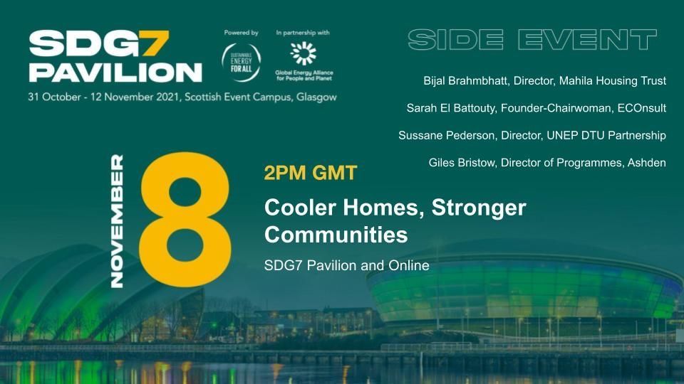 All around the world, #ExtremeHeat is making homes & neighborhoods uninhabitable. What #sustainable solutions exist to make our homes cooler & communities stronger? 

Join us, @Ashden_org & @ActOnCooling on Monday at #COP26 to learn more ➡️ ashden.org/events/cooler-…

#CoolingForAll