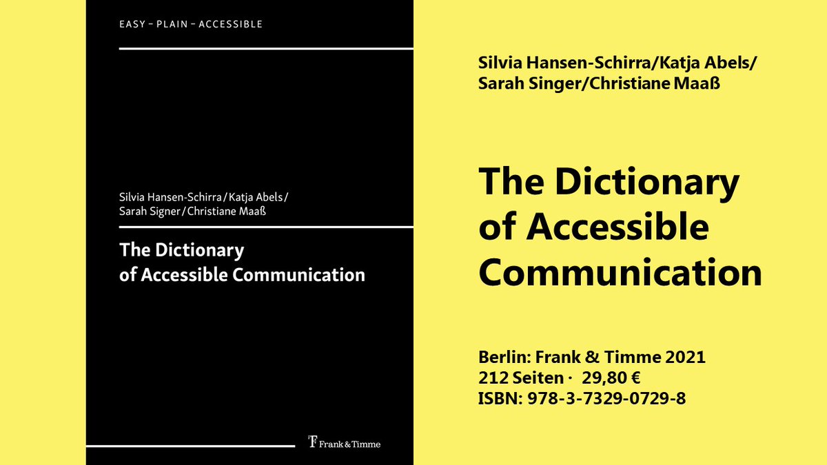 Wir stellen Ihnen das erste deutsch-englische Wörterbuch der Barrierefreien Kommunikation vor!
<a href="/HansenSchirra/">Silvia Hansen-Schirra</a> @ChristianeMaass #LeichteSprache

frank-timme.de/verlag/verlags…