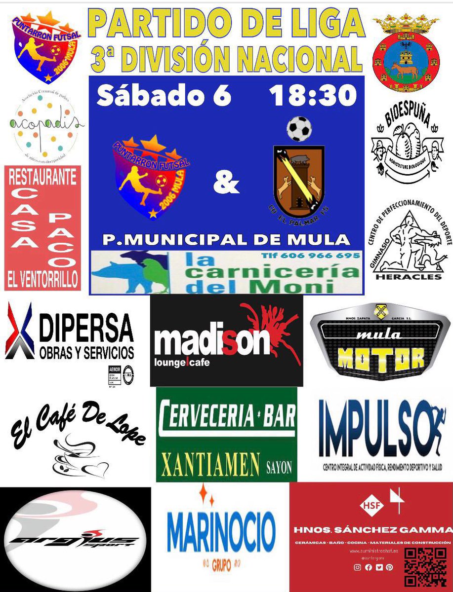 JORNADA 9 DE LIGA

📅 Sabado 6
⏰ 18:30
🏟 P.MUNICIPAL DE MULA 
⚔️ <a href="/CDPALMAR_FS/">CD EL PALMAR FS</a> 
🎟 2€ 

Rifa de un jamón de LA CARNICERÍA DEL MONI

Gran partido ante uno de los equipos más fuertes de la tercera división. Este partido podría ser una final. 💪🏽