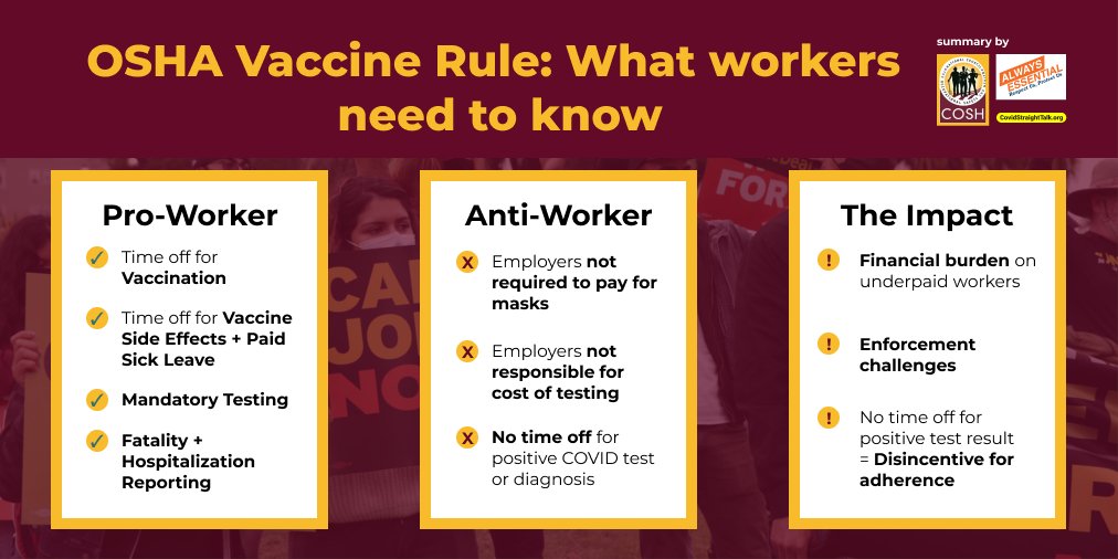 NationalCOSH's tweet image. What does OSHA's new vaccine rule mean for you? Quick guide 👇🏽