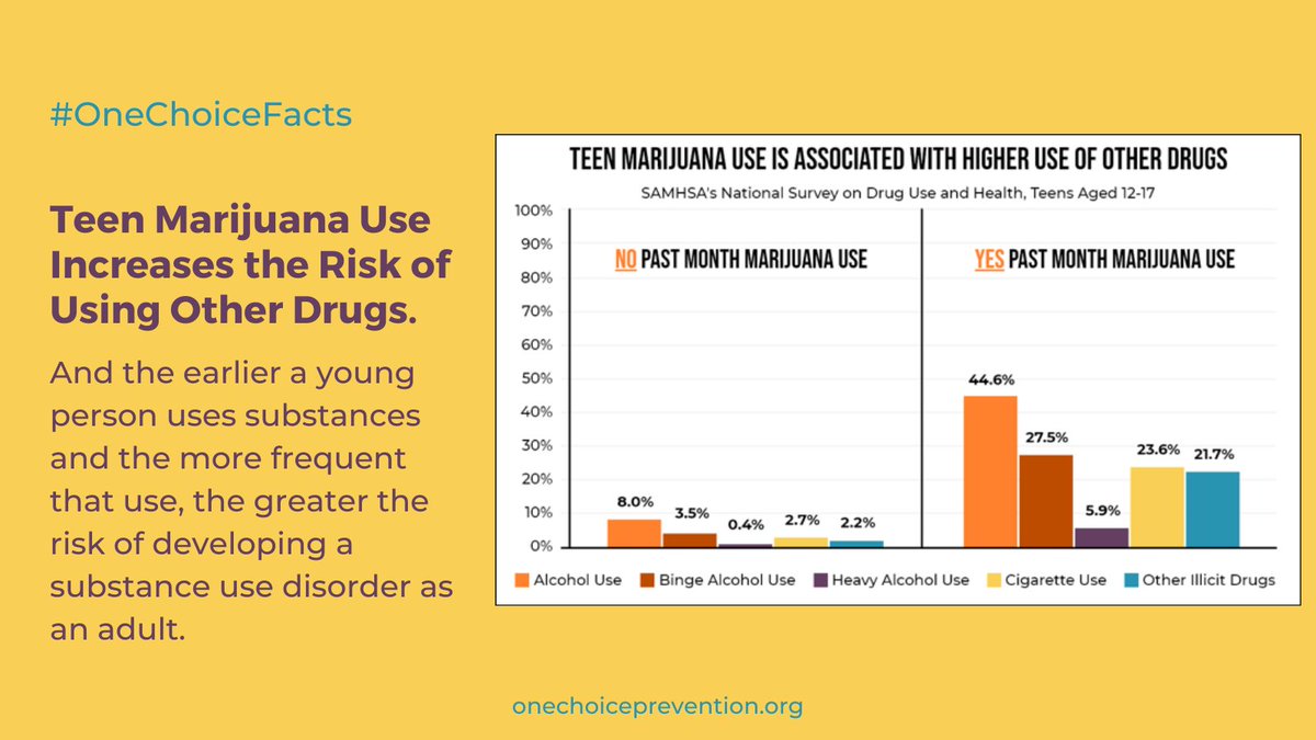 OneChoiceYouth's tweet photo. #OneChoiceFacts: Teen Marijuana Use Increases the Risk of Using Other Drugs. Youth, make the #OneChoice to be #drugfree to protect your health. Get more science-based facts at https://t.co/jc7yD7sopF. https://t.co/SWGn1HrwWn