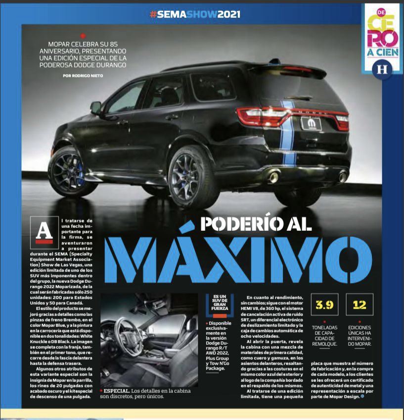 StellantisMX's tweet photo. #FelizViernesATodos #LosExpertosOpinan en el periódico @heraldodemexico sobre la @DodgeMX Durango ‘22 #Moparizada presentada en el @SEMASHOW @roys3 https://t.co/LaXqnx5INj