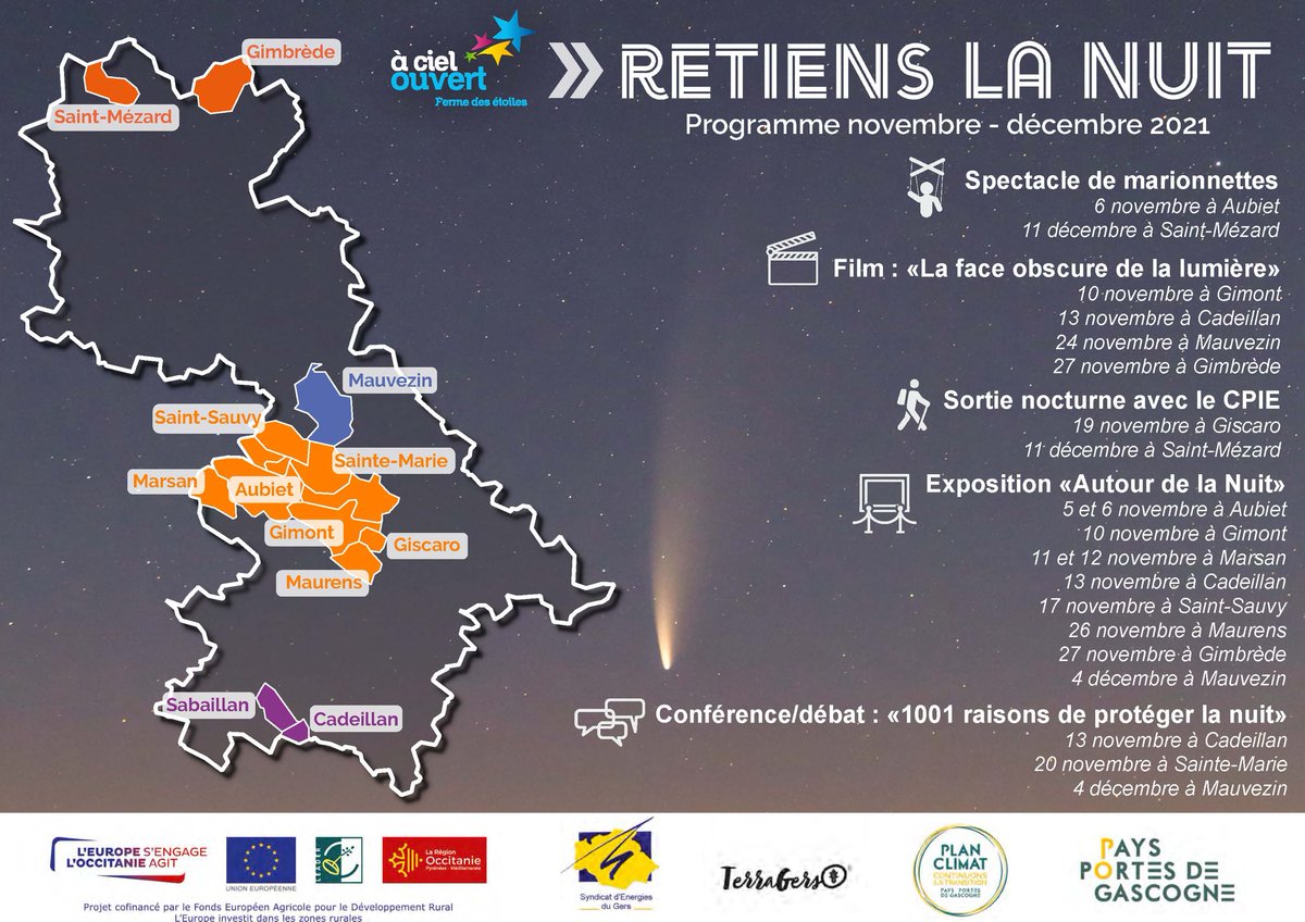 Le <a href="/Portes2Gascogne/">Pays Portes de Gascogne</a> s'engage pour préserver la biodiversité nocturne et réduire la pollution lumineuse avec la @FermedesEtoiles avec le projet "Retiens la Nuit" (fermedesetoiles.com/projets_cultur…) 
Les premieres actions dès Novembre sur le territoire du <a href="/Portes2Gascogne/">Pays Portes de Gascogne</a> !
<a href="/davidtaupiac/">David TAUPIAC</a>