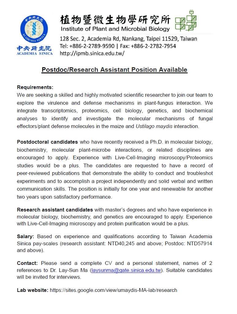 LaySunMa1's tweet photo. Postdoctoral fellow position available in Molecular Plant-Microbe interaction https://t.co/Rp5GZCYBkz