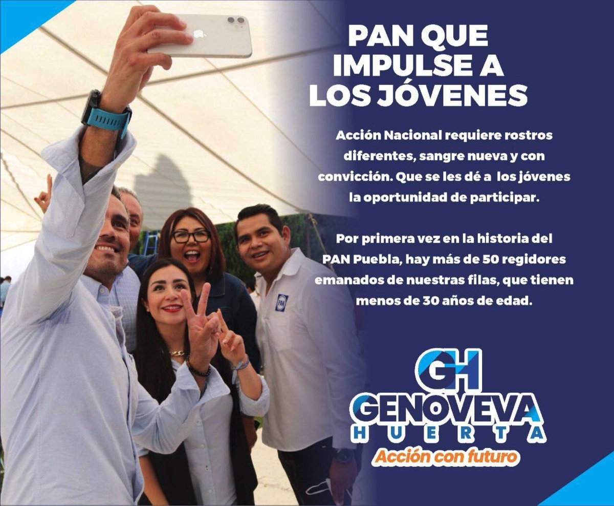 lopezrojasfer's tweet photo. Voy con @GenovevaHuerta por un @PANPUEBLA donde la mayoría la tengan los jóvenes. 
Inicié en @AccionJuvenil 
¡Esta nueva ola  ya nadie la para! #YoConGenoveva @clementegm @oswaldojimenezl @mDominguezYanez @FernandoSarur @Yola_RodriguezD @IsraRuiz_  @jesusmanzano_17 https://t.co/KjNhLA2633