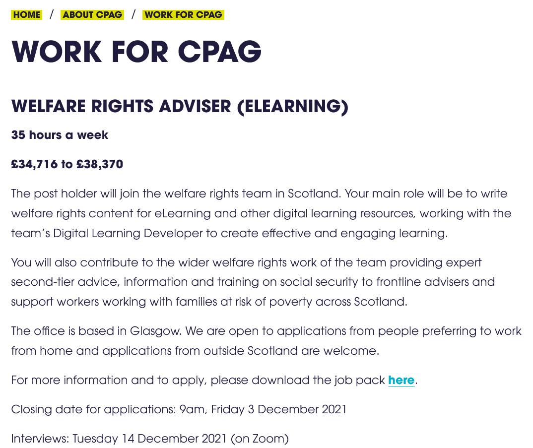 We're looking for a welfare rights adviser to work on our eLearning resources! cpag.org.uk/about-cpag/wor…