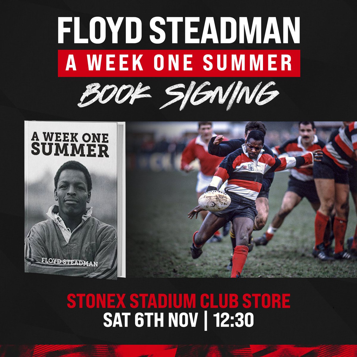 Saracens's tweet photo. 📕 Sarries legend Floyd Steadman will be signing copies of his new book in the club shop tomorrow ✍️🏪

⏱ Head there from 12:30 to see the man himself‼️

#StrongerTogether ⚫️🔴 https://t.co/xuiXN5J8rZ