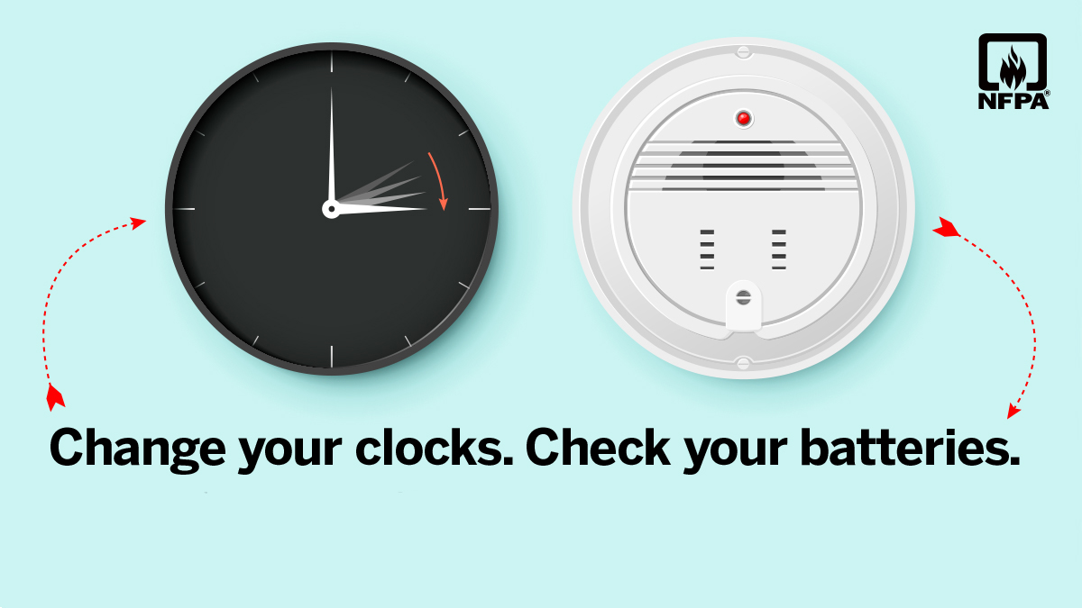 It's Daylight Saving Time this weekend! Be sure to fall back safely. When changing your clocks, it's also a perfect chance to test your smoke alarms and change replaceable batteries.