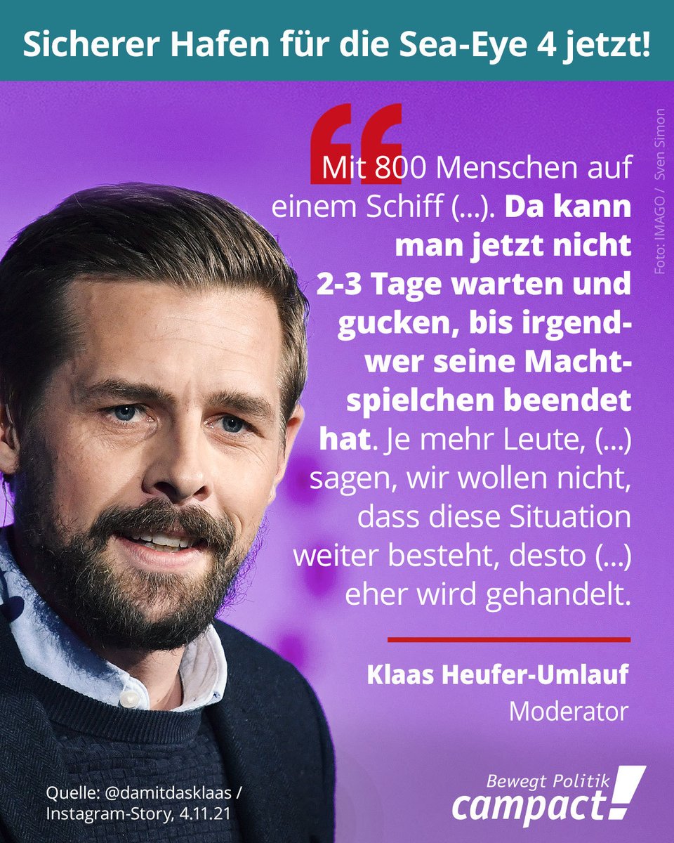 Volle Zustimmung, <a href="/damitdasklaas/">klaas heufer-umlauf</a>! Das Rettungsschiff #SeaEye4 hat 800 (!) Menschen an Bord, die es aus dem Mittelmeer gerettet hat: Kranke, Schwangere, Kinder - in absoluter NOTLAGE. Lasst sie sofort an Land. Bitte alle Druck machen: RT! #Seenotrettung @HeikoMaas #Seehofer