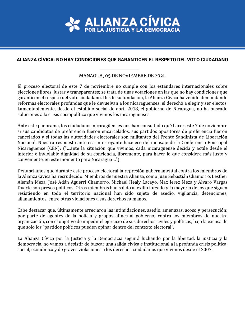AlianzaCivicaNi's tweet photo. Comunicado I 
Alianza Cívica: No hay condiciones que garanticen el respeto del voto ciudadano.

#LibertadParaNicaragua #SomosUnVolcán #Nicaragua https://t.co/XBvfDI8p6i