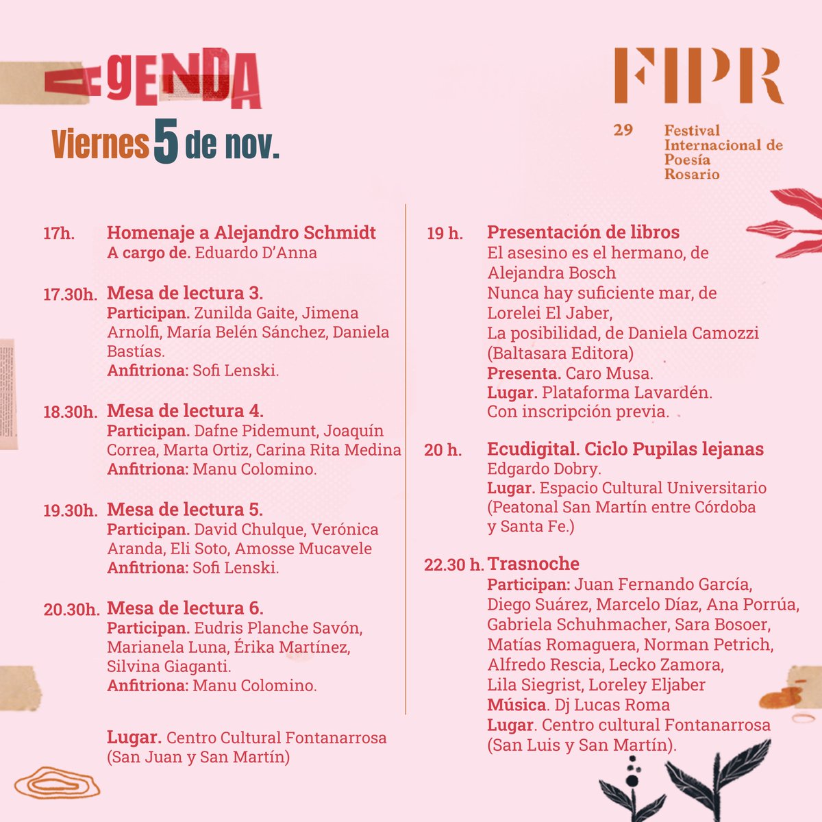 FIPRosario's tweet photo. 🎍 ¡Seguimos con todo el #FIPR29!
✨ Les compartimos las actividades de hoy
#FIPR29 #poesíaenlasorillas #festival #poesía #rosario https://t.co/wcMhP9642E