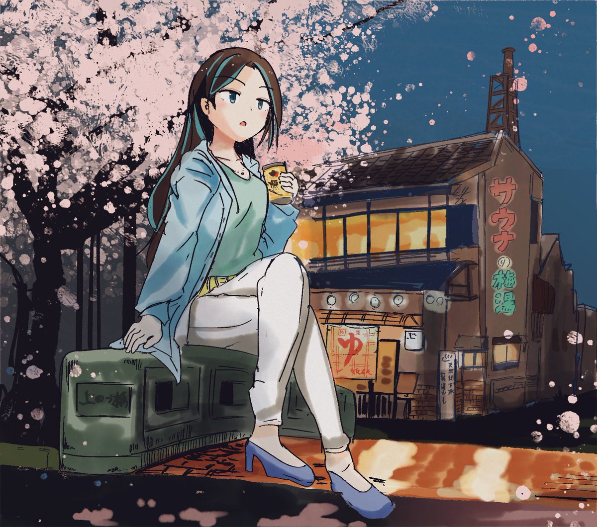 1girl solo high heels cherry blossoms pants sitting long hair  illustration images