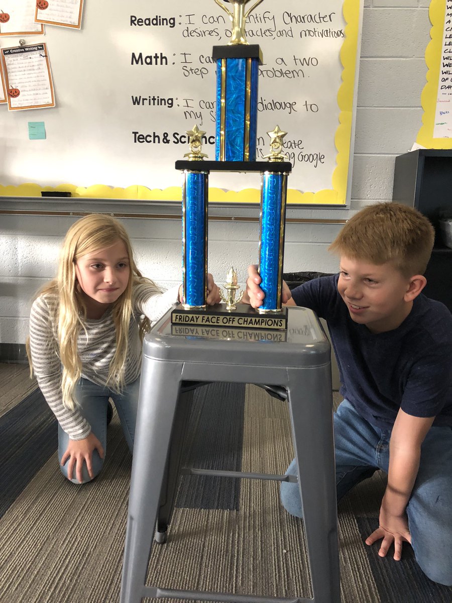MrsWachholder's tweet photo. BLUE vs. GOLD The Friday Face Off trophy is up for grabs! I think it’s going to be another close battle with our times 2 facts. Check back in to see who prevails @Reed_Reads009 @hanuhen @WCSWarhawks #wcsflight #FriendsinFourth #multiplication https://t.co/tEZxLsSYxU