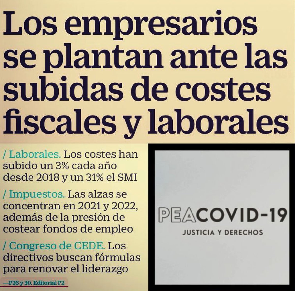 javiercanderod's tweet photo. Vamos a reclamar hasta el último céntimo!.

Cada día crece más la Plataforma de Empresarios Afectados @peacovid19 que ven como ante los ataques constantes de tóxicas políticas 🥀, solo queda defenderse jurídicamente y no quedarse de brazos cruzados. 

#PorTusDerechos #peacovid19 https://t.co/nvwzdooajO