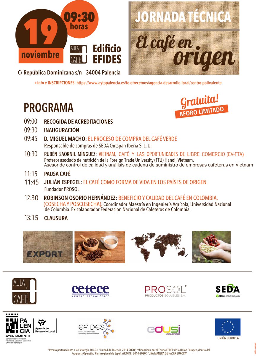 El Aula del Café, proyecto promovido por @PalenciaAyto, @CETECE_NET, @prosolcoffee y @Olam en el Centro @EFIDES, con cargo a la @edusipalencia, acogerá el 19 de noviembre una jornada denominada 'El café en origen'. Más información e inscripciones en aytopalencia.es/te-ofrecemos/a…