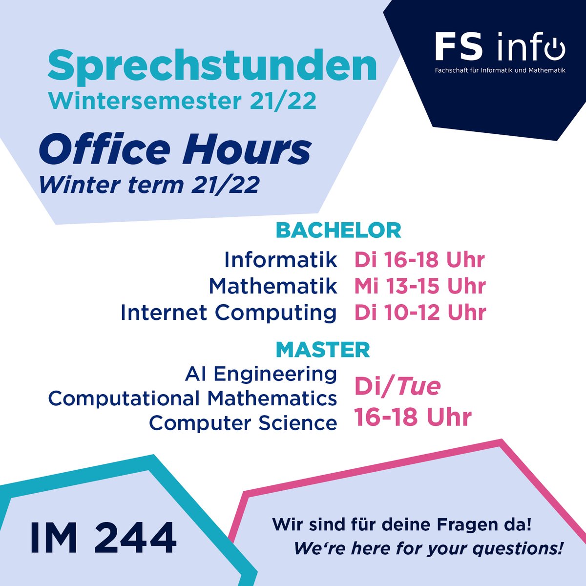 fsinfopassau's tweet photo. Du hast eine Frage speziell zu deinem Studiengang? Unsere Experten und Expertinnen helfen dir in der Sprechstunde gerne weiter.
Do you have a question concerning your studies? During our office hours more experienced Master students will gladly help you. https://t.co/k17HC11cSj