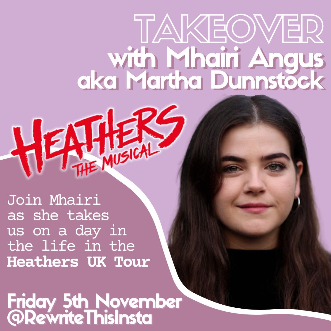 🚨 Attention corn nuts! Today @mhairiangus aka Martha will be taking over our Instagram!

Check out RewriteThisInsta to see a day in the life in the <a href="/HeathersMusical/">Heathers the Musical</a> UK tour ⭐️