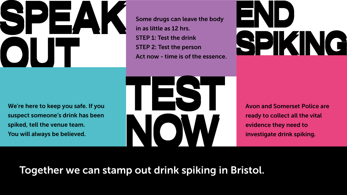 AvonFireRescue's tweet photo. We're supporting @BristolNightsHQ to raise awareness of what to do if you, or someone else, has been spiked:

- If you're in a venue, alert staff immediately, they will help.

- If you've left the venue, call 999.

- If you're reporting over 12hrs later, call the police on 101. https://t.co/oRHhPXIPIG