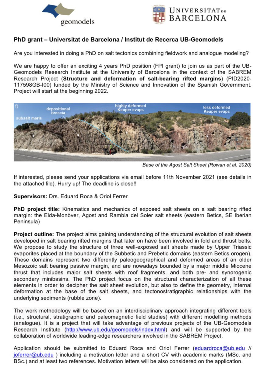 OriolFerrer8's tweet photo. We are happy to offer an exciting 4 years PhD position (FPI grant) to join us as part of the @IRGeomodels  @UniBarcelona in the context of the SABREM research project (Structure &amp; deformarion of salt-bearing rifted margins). See the attached flyer for details. Please RT! https://t.co/c5p340ZXKF