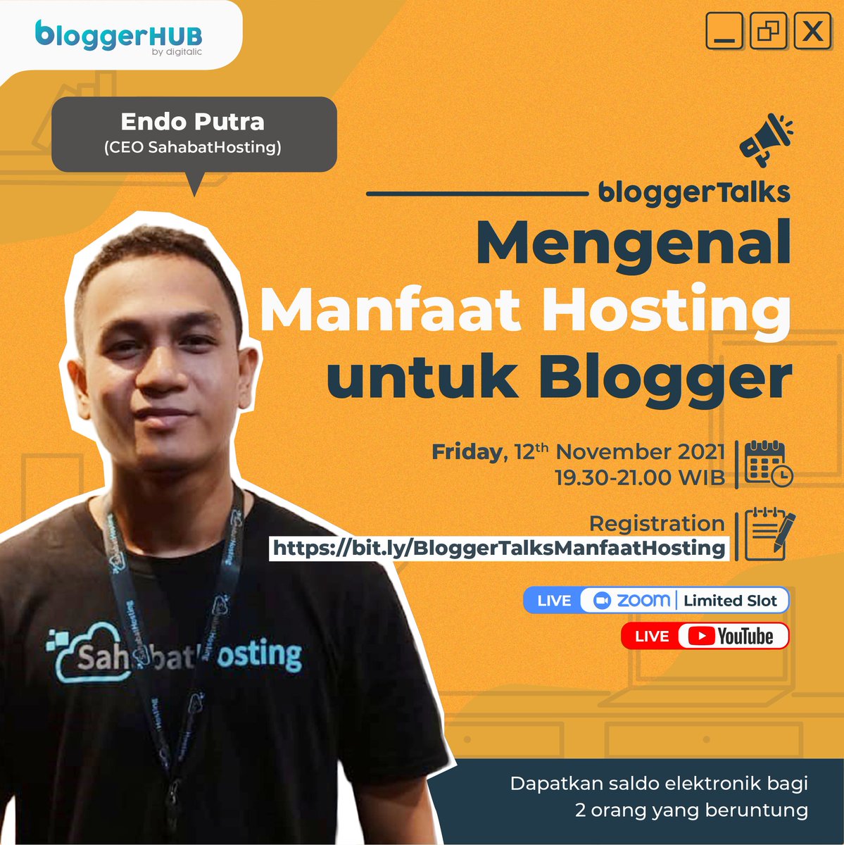 BloggerHubid's tweet photo. Sob, diskusi bareng tentang Hosting yuk!

Bareng CEO SahabatHosting, Endo Putra dalam bloggerTalks dengan tema "Mengenal Manfaat Hosting untuk Blogger".

Link pendaftaran: https://t.co/xOn0C5LfCw

#Blogger #BloggerIndonesia #Hosting #WordPressIndonesia #WordPress #Bloggers https://t.co/rv4uKczEGW