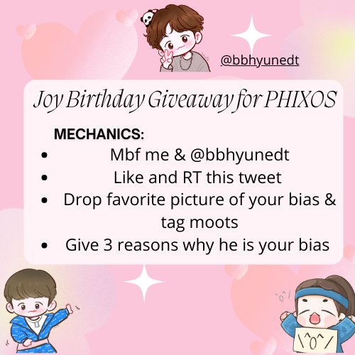 bokutorikka's tweet photo. 🎉🎊 Joy @bbhyunedt Birthday Giveaway 🎉🎊

Hello PHIXOS!! Join now on our first ever Giveaway! 

-The mechanics and prizes are on the pictures below! Join now &amp; Good luck everyone! 

-This will end on Nov. 10
-The announcement of the winners will be on Nov. 11 at 6PM https://t.co/UVjulykvdx