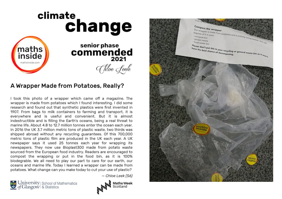 mathsinside's tweet photo. *A Wrapper Made from Potatoes, Really* — Chloe Leek (S6) @Buchanan_HS — Senior Phase Commended Entry 📸🎉 @mathsinside #mathsinside #mathsinsideClimate #COP26 #maths #PhotoContest #MathsWeekScot @UofGlasgow @UofGMaths_Stats @mathsweekscot @tentivetodetail https://t.co/hpISRkEBUF