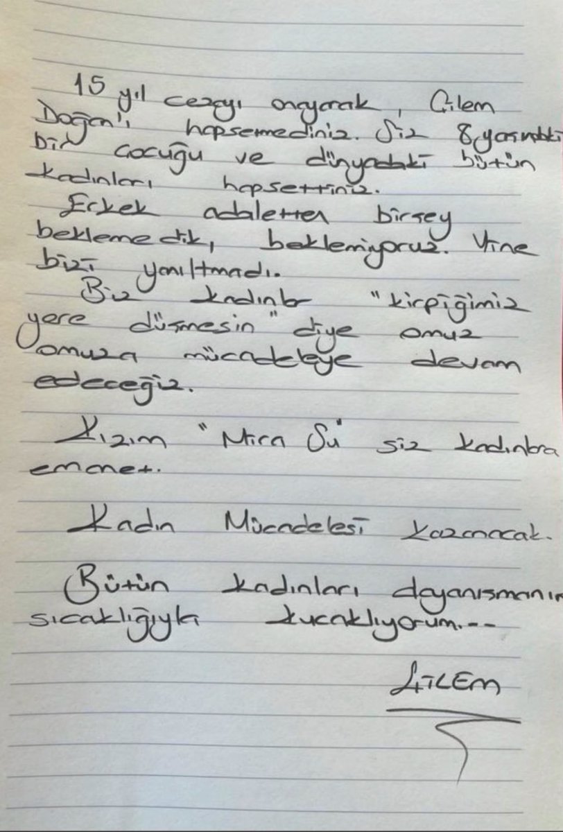 Evladımı öldürenlerin at koşturduğu adalet sistemi, şimdi seni ve evladını mı cezalandırıyor Sevgili Çilem?
Katillerin, sapıkların, her türlü kötülüğün serbest olduğu bu düzende; 
Kızın, kızımdır.
Mücadelen, mücadelemdir.
#CilemDogan