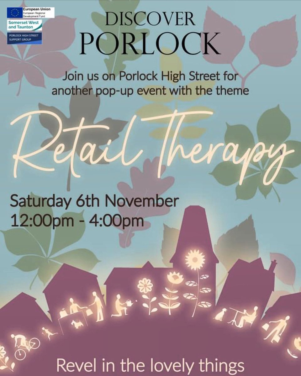 🛍 R E T A I L  T H E R A P Y 🛍
Pop-up event on Porlock High Street
Sat. 6th Nov 12 till 4pm

Shops are offering discounts; there’ll be some guest traders, &amp; as usual,some surprises! 
#porlock #porlockhighstreet #exmoor #retailtherapy #shoplocal #visitexmoor #discoverporlock
