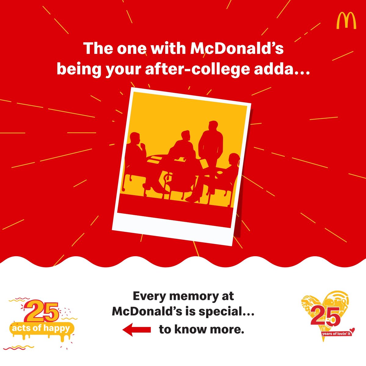 mcdonaldsindia's tweet photo. Being a part of your special memories has kept us going for 25 years! 
Share your favourite moment with us and we’ll turn it into another delicious memory with FREE products! #25ActsOfHappy https://t.co/J29UyPA2aa
