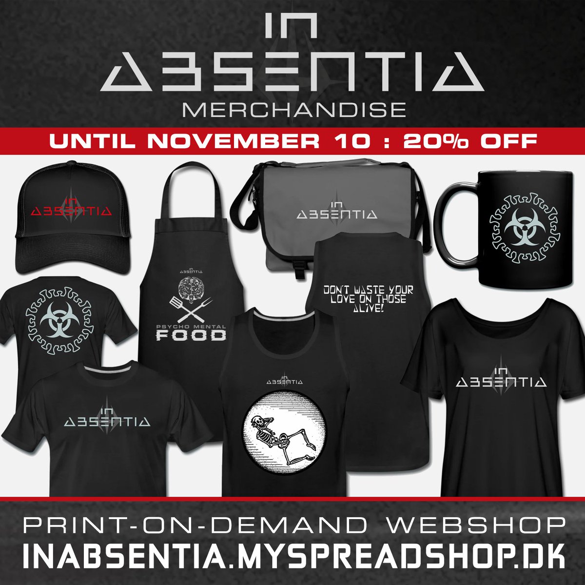 InAbsentia12's tweet photo. 20% OFF IN ABSENTIA MERCHANDISE!
Until November 10, 23.59 (UTC) there's a 20% discount on merchandise purchased in the In Absentia print-on-demand webshop!
#inabsentia #ebm #electronicbodymusic #synth #industrial #industrialmusic #goth #gothic #sale #discount #merch #merchandise https://t.co/JCnvfXbqus