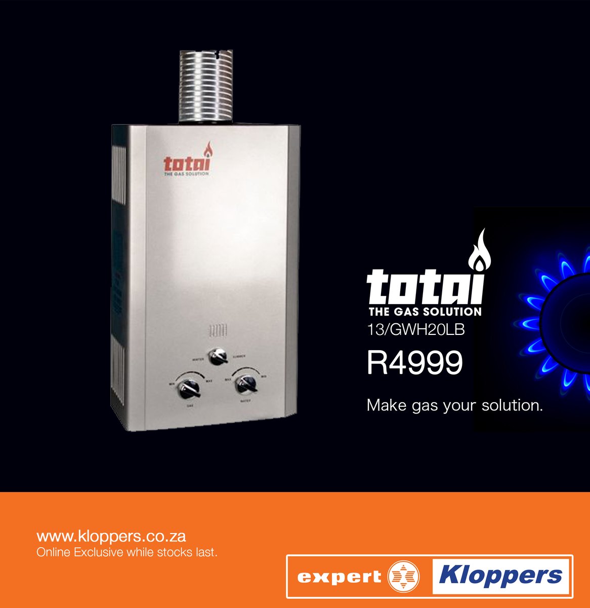 Weekly #CrazyCartDeal  I  Totai 20L Gas Geyser 13/GWH20LB - R4999.  Online Exclusive while stocks last.  kloppers.co.za/default/totai-… #totai T #gasgeyser