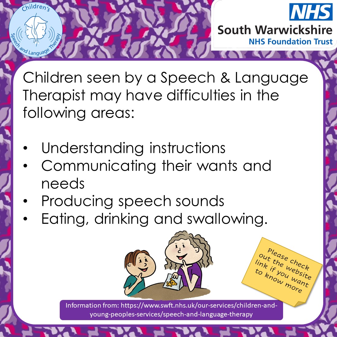 This week we're having a profession focussed 'what is... ' Starting with ourselves: Speech & Language Therapists
Want to know more? Please follow our website link: swft.nhs.uk/our-services/c…

#whatiswednesday #speech&languagetherapy @nhsswft  @timetotalkwarks  @warwickhv  @WarksFIS