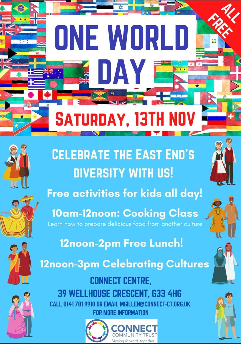 Free food, fun activities, new friends - all at our One World Day next Saturday, 13th of November! People from all over the world are coming to share stories and music. Pop in for some treats, some laughs, and bring your kids and friends! 💃👨🏾‍👩🏾‍👧🏾👨‍👩‍👧‍👦🏴󠁧󠁢󠁳󠁣󠁴󠁿🇭🇺🇵🇱🇳🇬🇩🇪