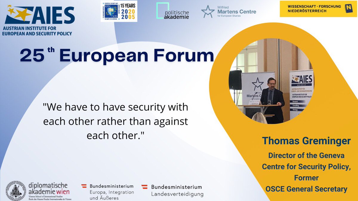 MZinkanell's tweet photo. „We have to have security with each other rather than against each other“ 

Thank you @ThGreminger for the inspiring speech during the @AIES_austria 25th European Forum

Live stream: https://t.co/emrADHKt9x https://t.co/vcKMsUqdBC