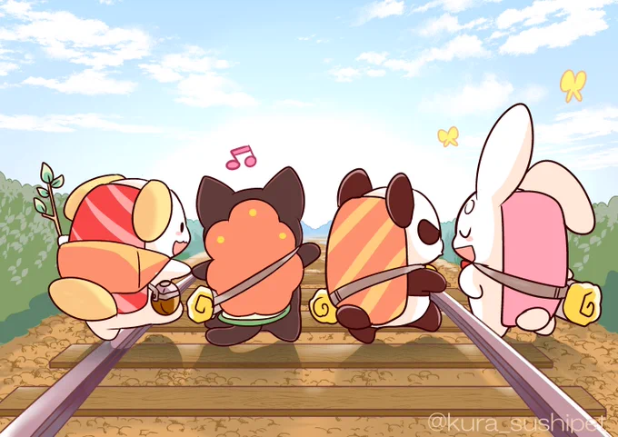 すしペット が 4にん
せんろの うえを あるいている 