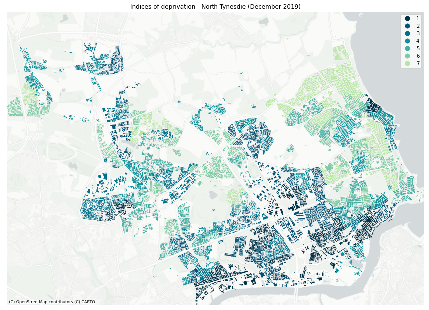 BarryChocolate's tweet photo. @Peter_Brace This is Indices of deprivation (2019) for North Tyneside and Whitley Bay. #30DayMapChallenge #GIS #ZoomStack #GeoPandas https://t.co/yDNDjgjJaw